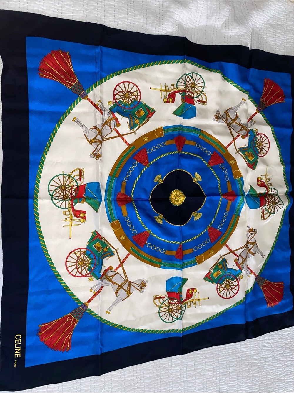 Authentic Celine Blue, White & Gold Silk Scarf with Carriage Motif